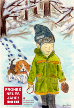 2018 冬の雪道、犬の散歩をしている長男